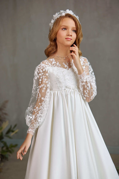 SADBURY – A-LINE COMMUNION DRESS WITH SHEER FLORAL PUFF SLEEVES