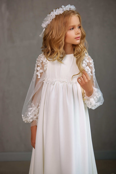 HAMILTON – A-LINE LONG TRAIN COMMUNION DRESS WITH SHEER FLORAL SLEEVES
