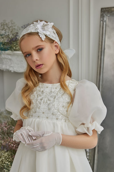 Short Communion Gloves with Embroidered Flowers & Beads