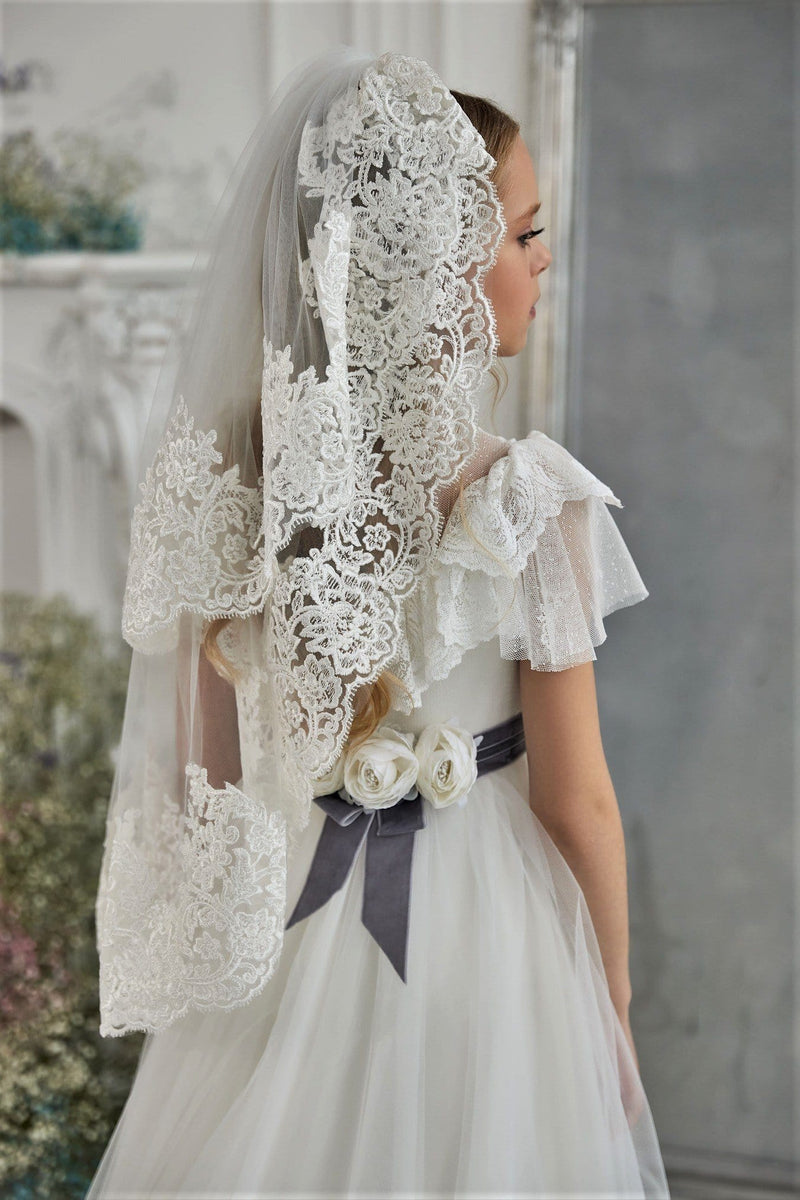 Floral Scalloped Lace Veil for Communion White / in Stock