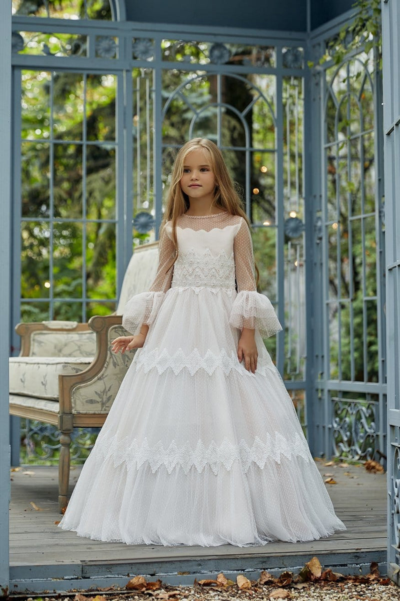 AB036 Long Lace Communion Dress - Mia Bambina Boutique