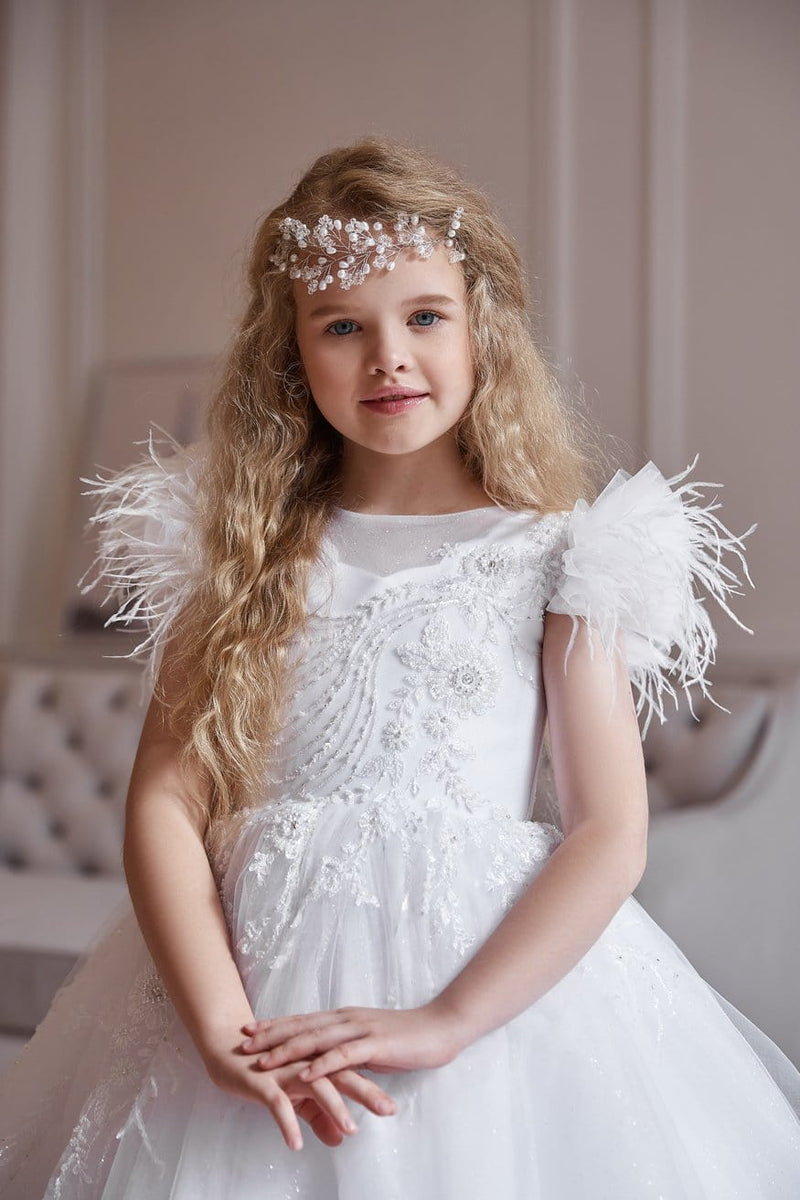 AB045 Ball Gown with Feathered cup sleeves - Mia Bambina Boutique