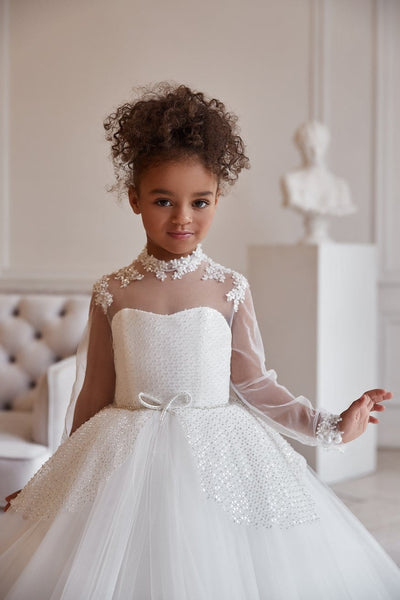 AB046 Sheer soft white A-line dress - Mia Bambina Boutique