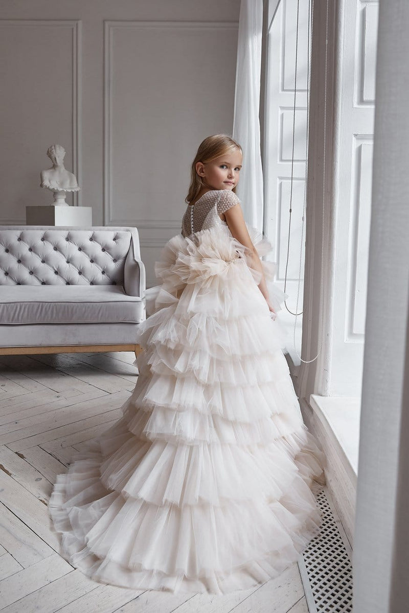 AB053 Cream Ruffled Flower Girl Dress - Mia Bambina Boutique