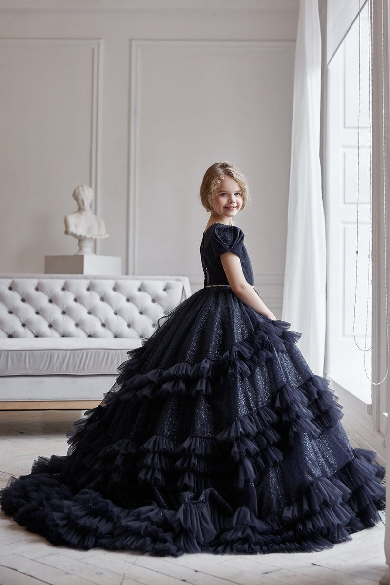 Sparkly Ruffled Flower Girl Dress in Navy Blue Sparkly Ruffled Flower Girl Dress in Navy Blue