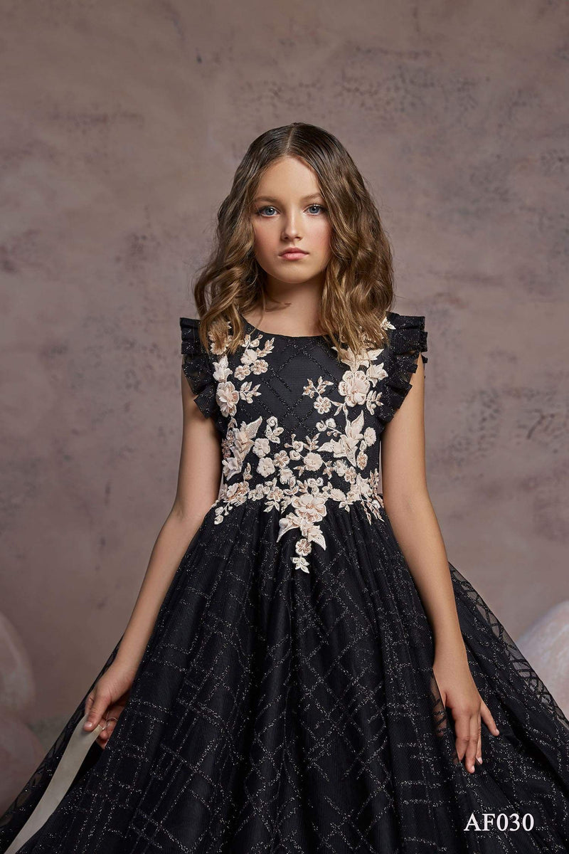 AF030 Black Dress with gold lace - Mia Bambina Boutique