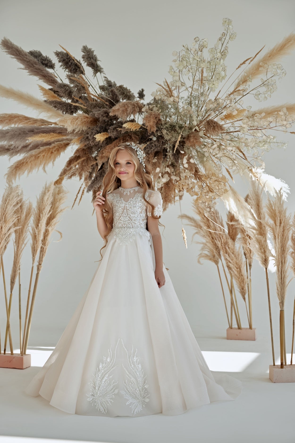 Flower Girl Dresses: Sophisticated Lace Champagne Flower Girl Dress - Mia Bambina Boutique