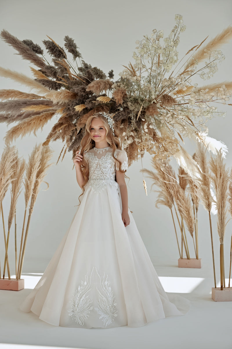 NOLA Sophisticated Lace Champagne Flower Girl Dress