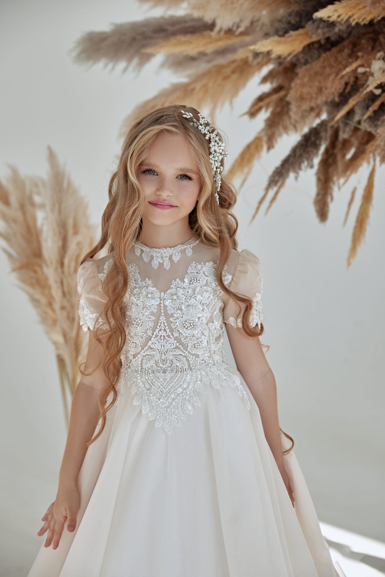 Flower Girl Dresses: Sophisticated Lace Champagne Flower Girl Dress - Mia Bambina Boutique