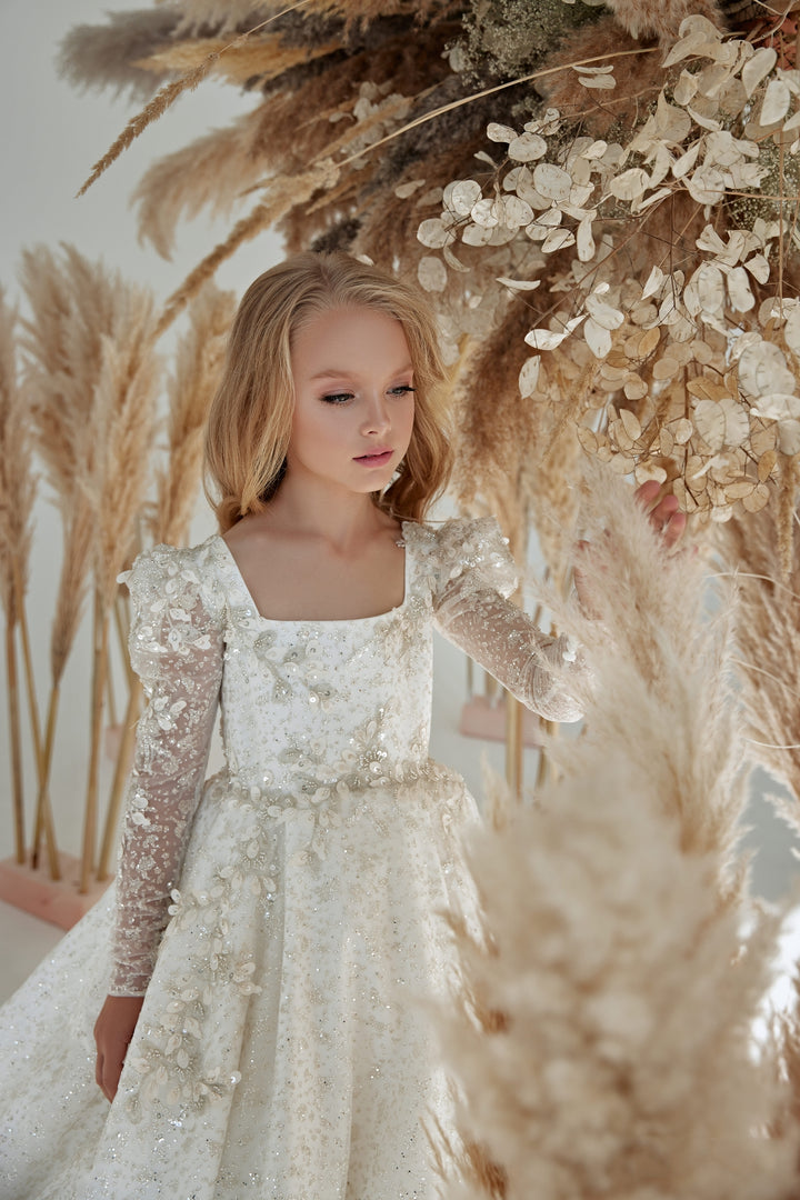 Flower Girl Dresses: Long Flower Girl Sparkly Dress with Square Neck - Mia Bambina Boutique