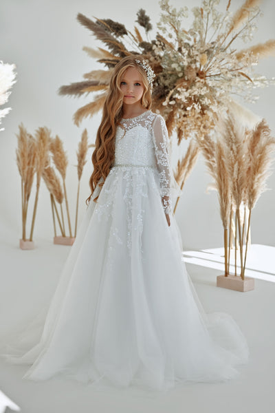 Premium Tulle White Lace Communion Dress with Sleeves