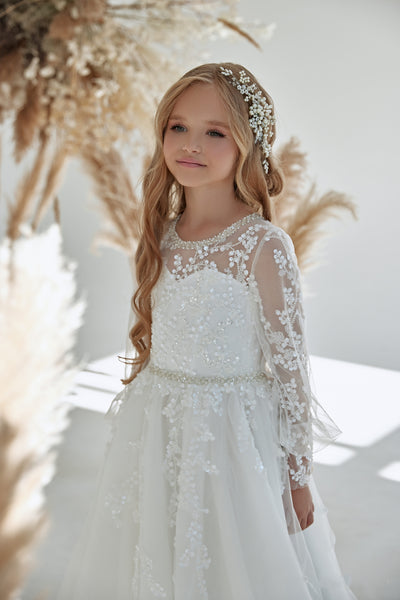 Premium Tulle White Lace Communion Dress with Sleeves