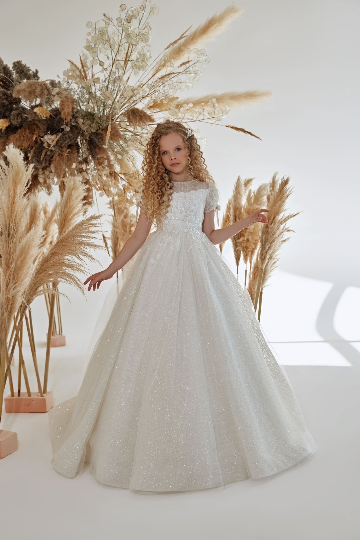 Flower Girl Dresses: Short Sleeve White Sparkly Long Dress for Girls - Mia Bambina Boutique