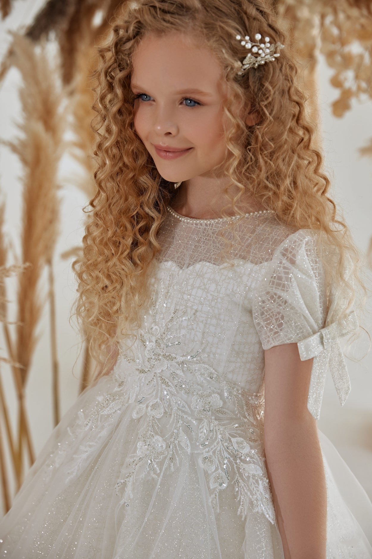 Flower Girl Dresses: Short Sleeve White Sparkly Long Dress for Girls - Mia Bambina Boutique