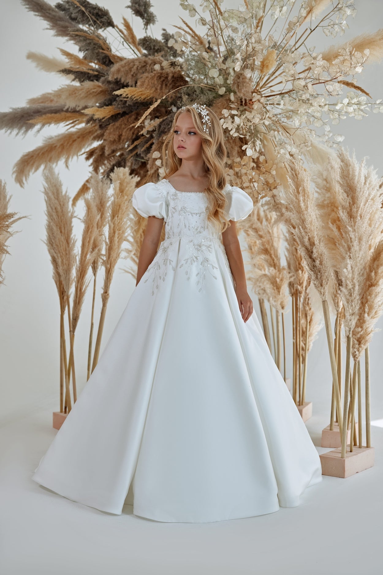 First Communion Dresses: Holy Communion  Gown with Puffed Sleeves - Mia Bambina Boutique