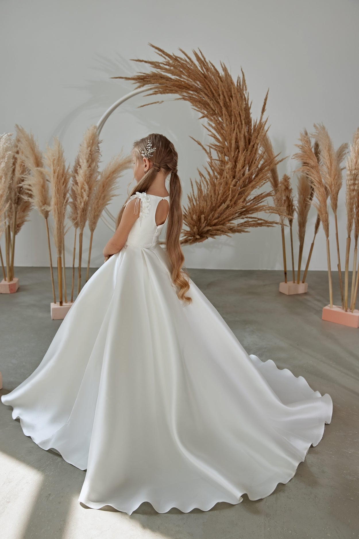 First Communion Dresses: GALIANA Modern Mikado Satin Fit and Flare Communion Dress - Mia Bambina Boutique