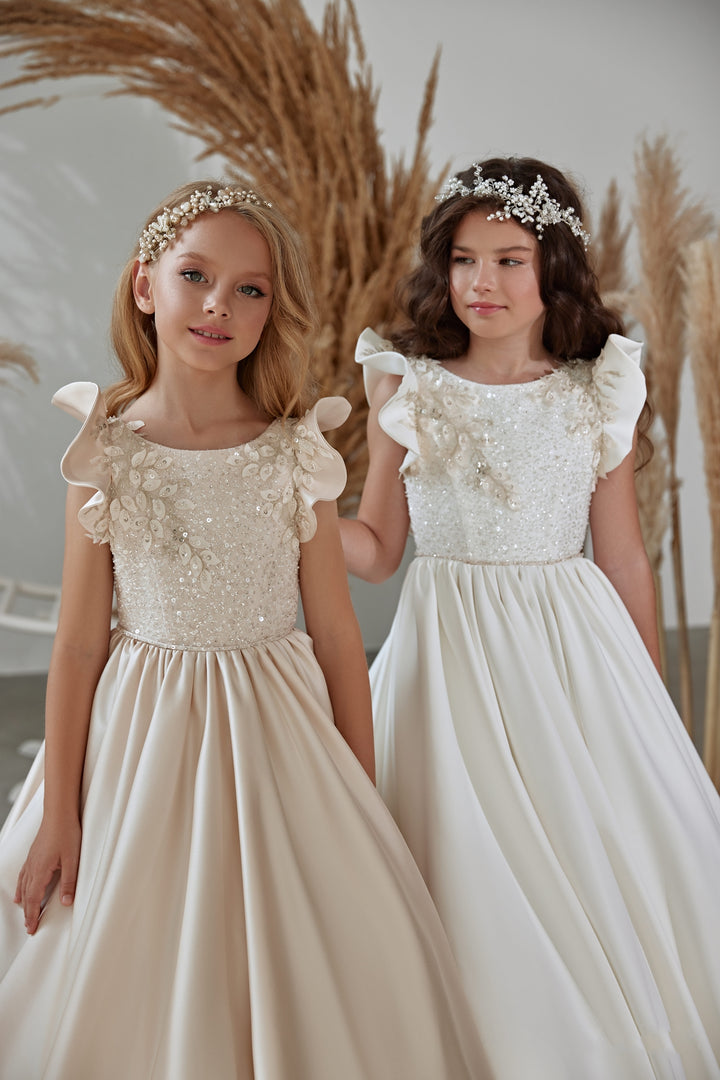 Flower Girl Dresses: Girls Flutter Sleeve Special Occasion Long Dress - Mia Bambina Boutique