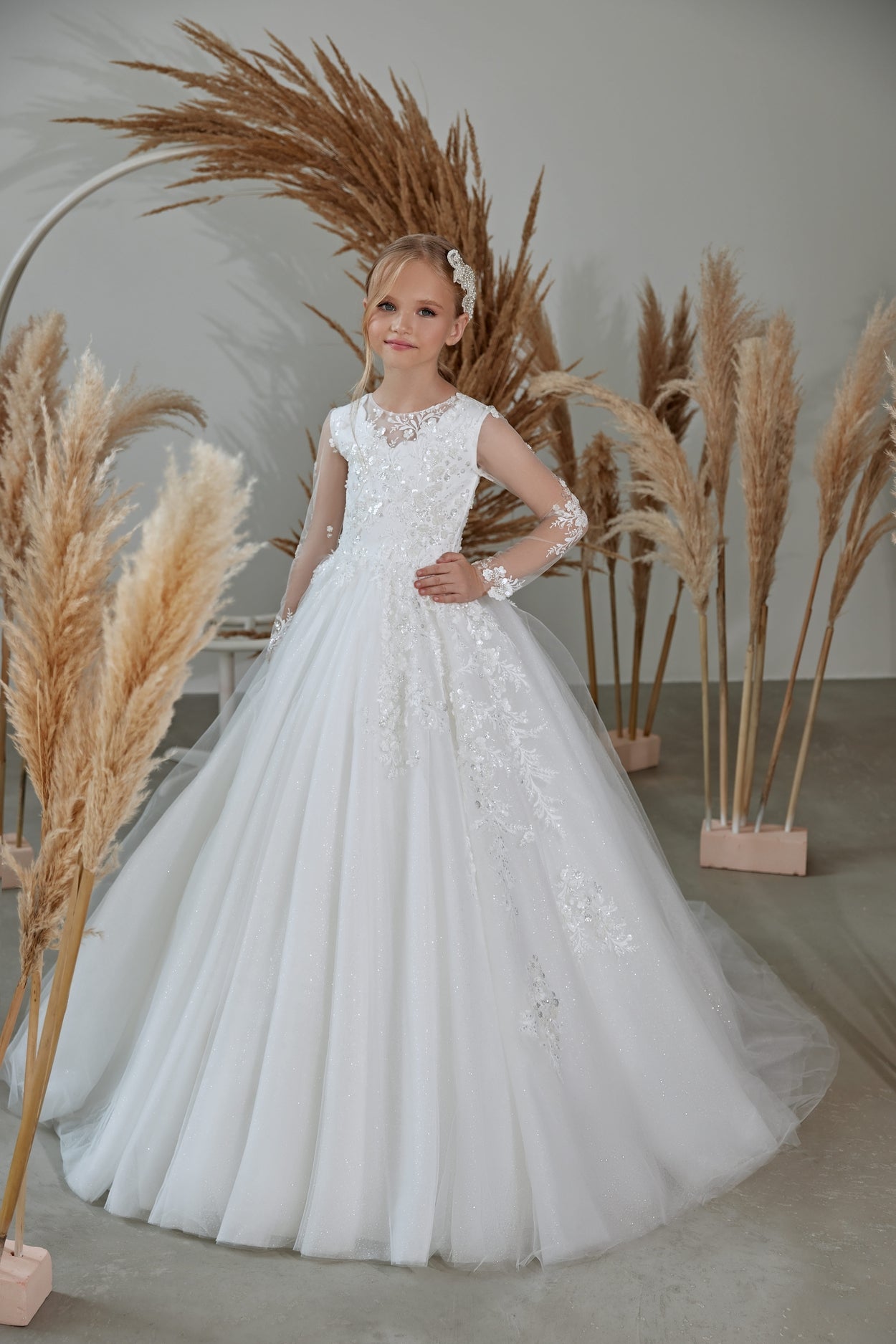 Flower Girl Dresses: Glamourous Long Flowergirl Dress with Sheer Sleeves - Mia Bambina Boutique