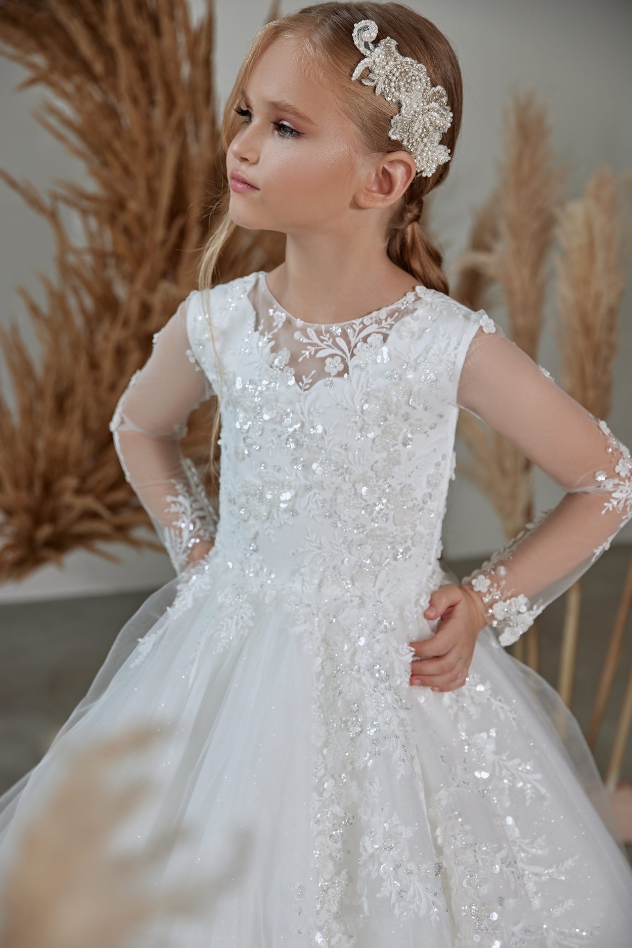 Flower Girl Dresses: Glamourous Long Flowergirl Dress with Sheer Sleeves - Mia Bambina Boutique