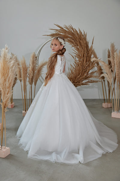 Glamourous Long Flowergirl Dress with Sheer Sleeves