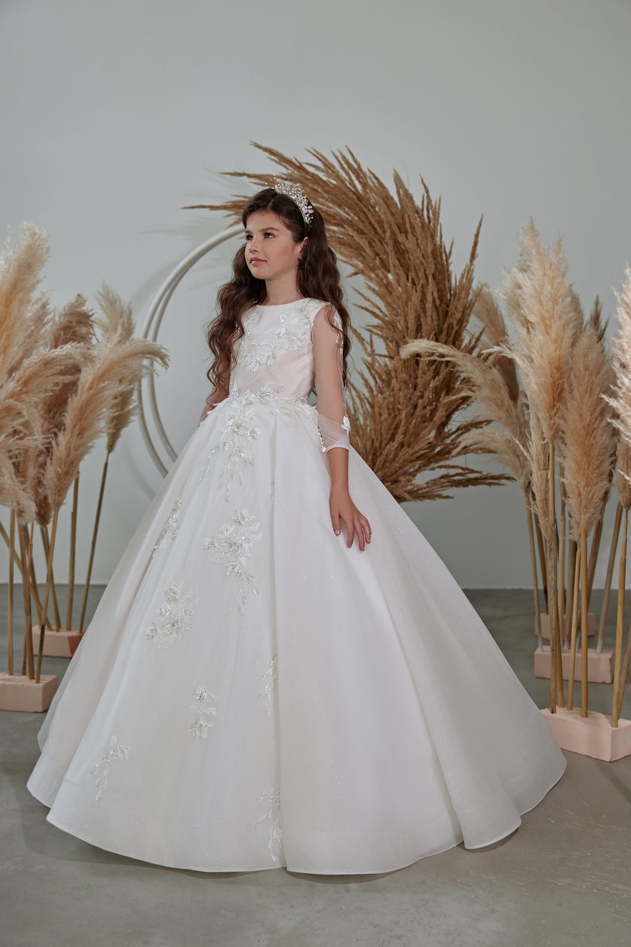 First Communion Dress: Girls Long Sleeve Embellished Ball Gown Dress - Mia Bambina Boutique