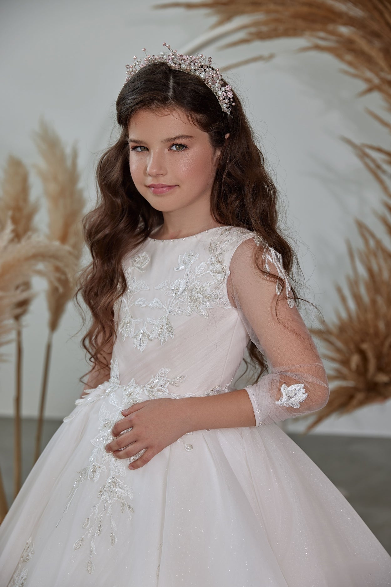 First Communion Dress: Girls Long Sleeve Embellished Ball Gown Dress - Mia Bambina Boutique