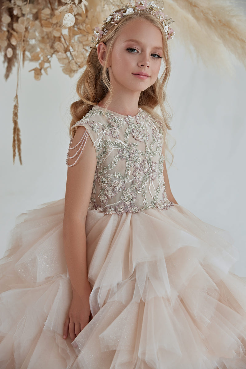 PENELOPE Sleeveless Tiered Maxi Dress in Cappuccino for Flower Girls