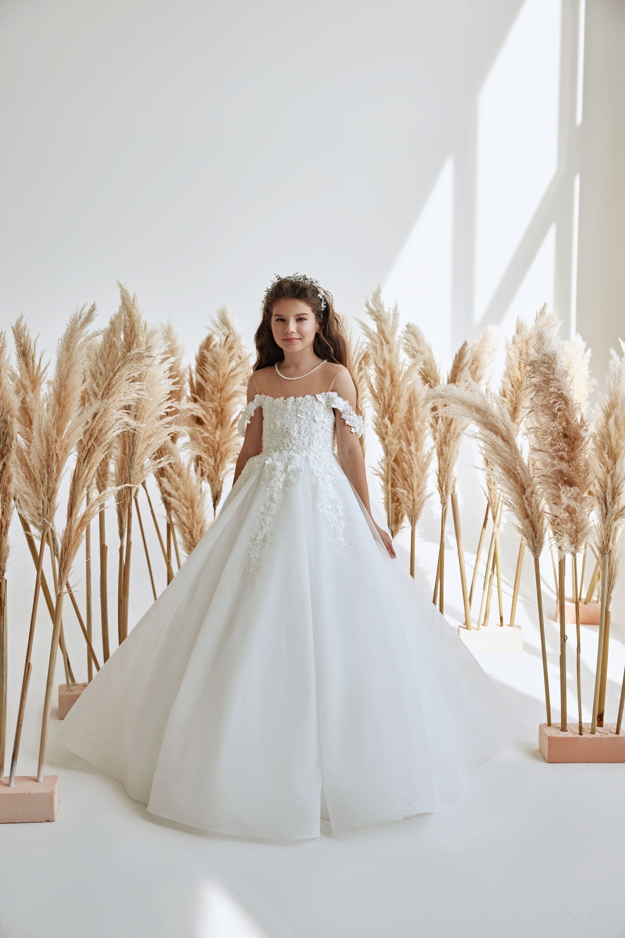 Flower Girl Dresses: Girls Classy Off-Shoulder Tulle Gown for Weddings - Mia Bambina Boutique