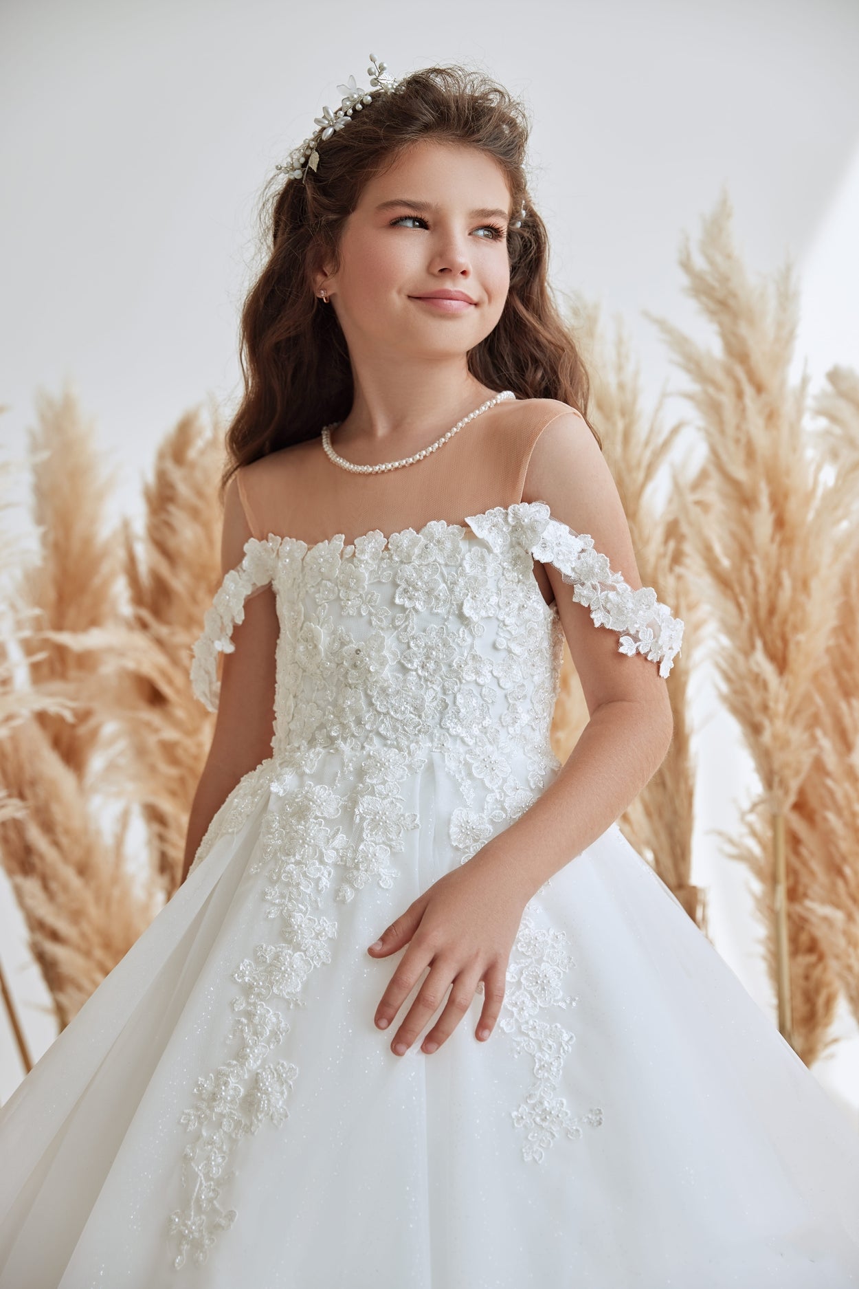 Flower Girl Dresses: Girls Classy Off-Shoulder Tulle Gown for Weddings - Mia Bambina Boutique