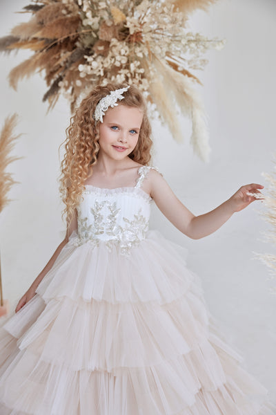Girls Beaded Strap Cappuccino Tulle Dress with Ruffles