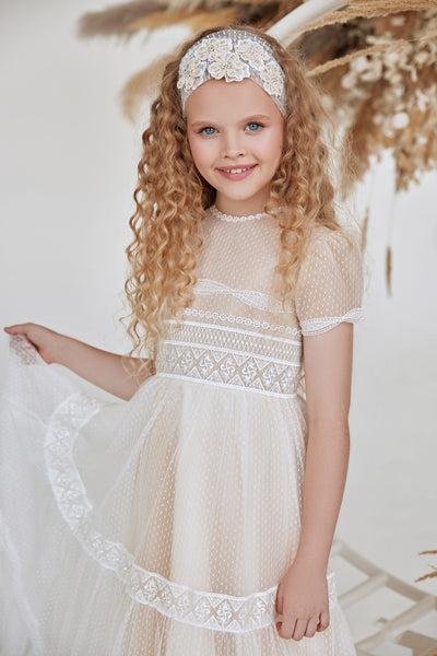 Girls Polka Dot Tulle Cappuccino Dress with Short Sleeves