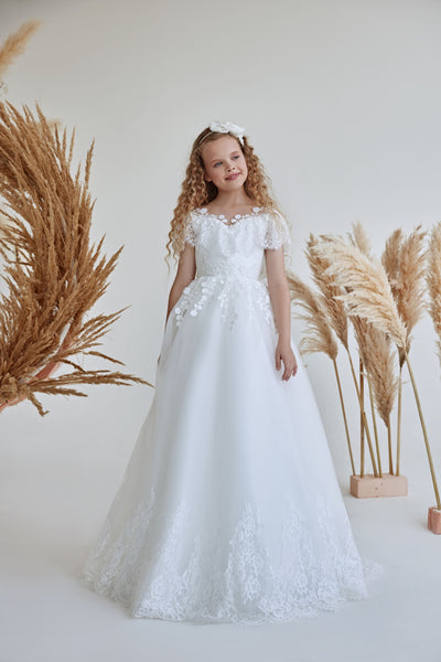 Classic White Dress for Communion with Lace Ruffle Trim