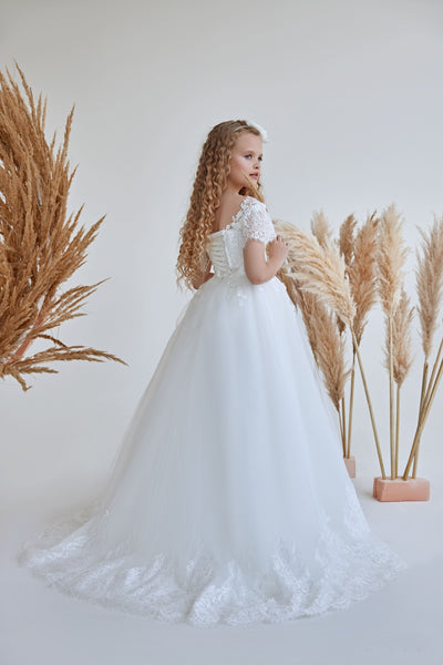 Classic White Dress for Communion with Lace Ruffle Trim