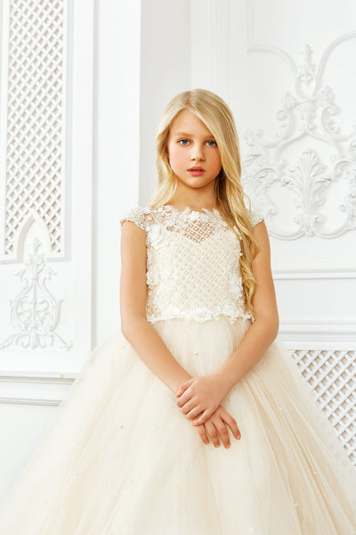 Flower Girl Dresses: Blush Princess Dress for girls with pearls - Mia Bambina Boutique