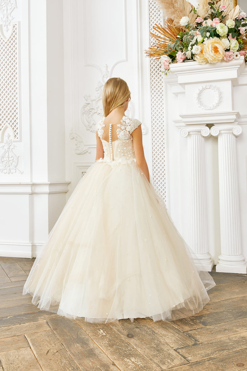 Flower Girl Dresses: Blush Princess Dress for girls with pearls - Mia Bambina Boutique