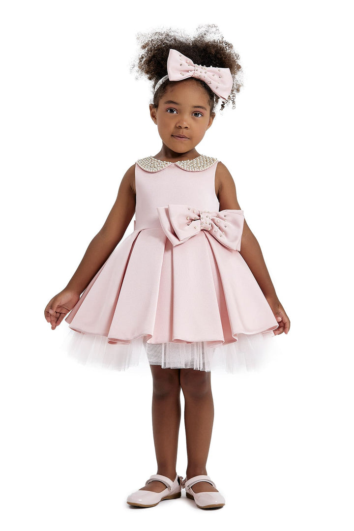 Birthday Dresses: Embroidered Round Collar Baby Pink Satin Dress - Mia Bambina Boutique