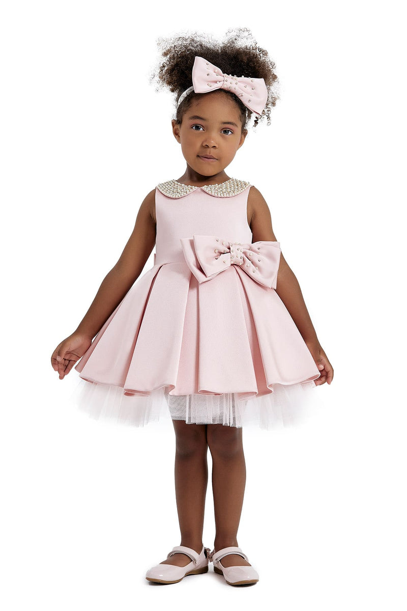 Embroidered Round Collar Baby Pink Satin Dress