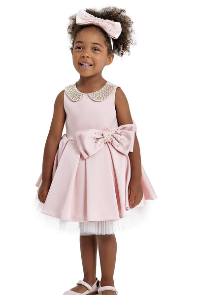 Embroidered Round Collar Baby Pink Satin Dress