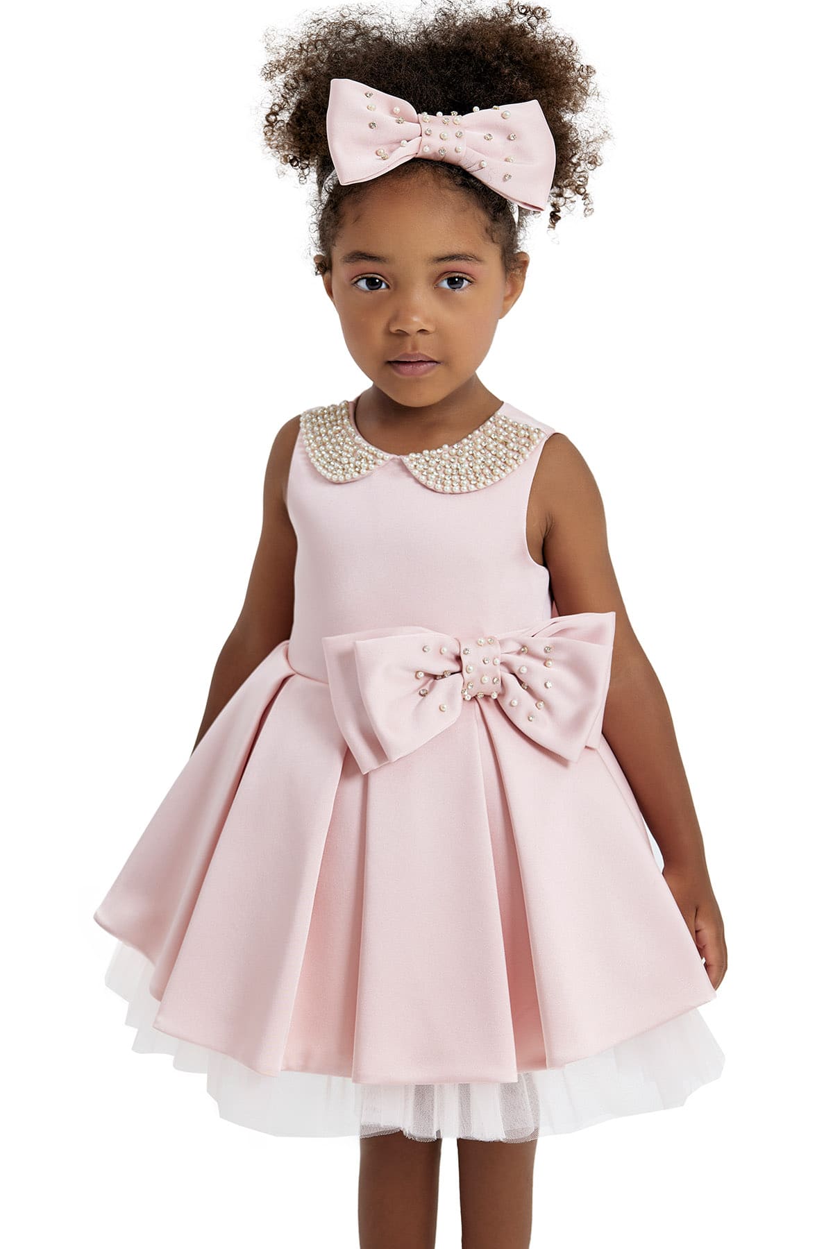 Birthday Dresses: Embroidered Round Collar Baby Pink Satin Dress - Mia Bambina Boutique