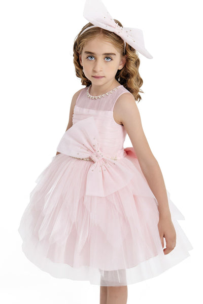 Girls Pink tulle Dress with oversized bow detail