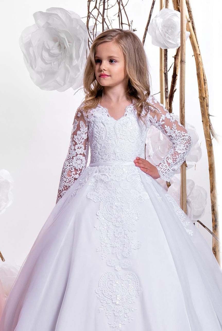 White Lace Girls Dress for Communions with Long Sleeves