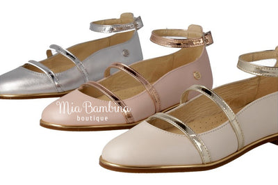 Gold Girls Leather Ballerina Shoes with Ankle Strap by Andanines