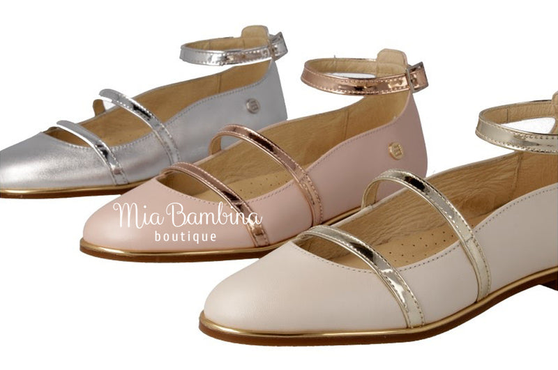Gold Girls Leather Ballerina Shoes with Ankle Strap by Andanines