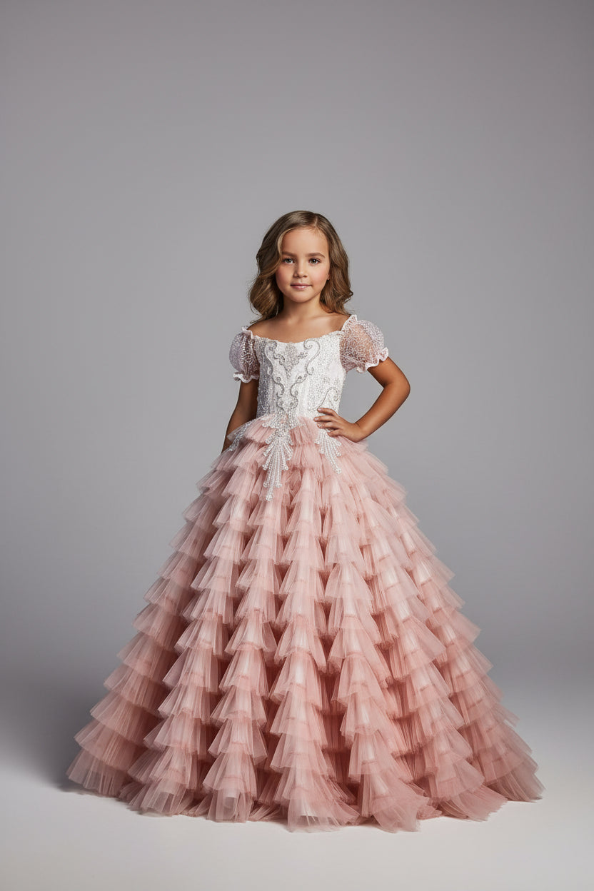 Luxury blush pink couture pageant dress with layered ruffle skirt for girls - Mia Bambina Boutique