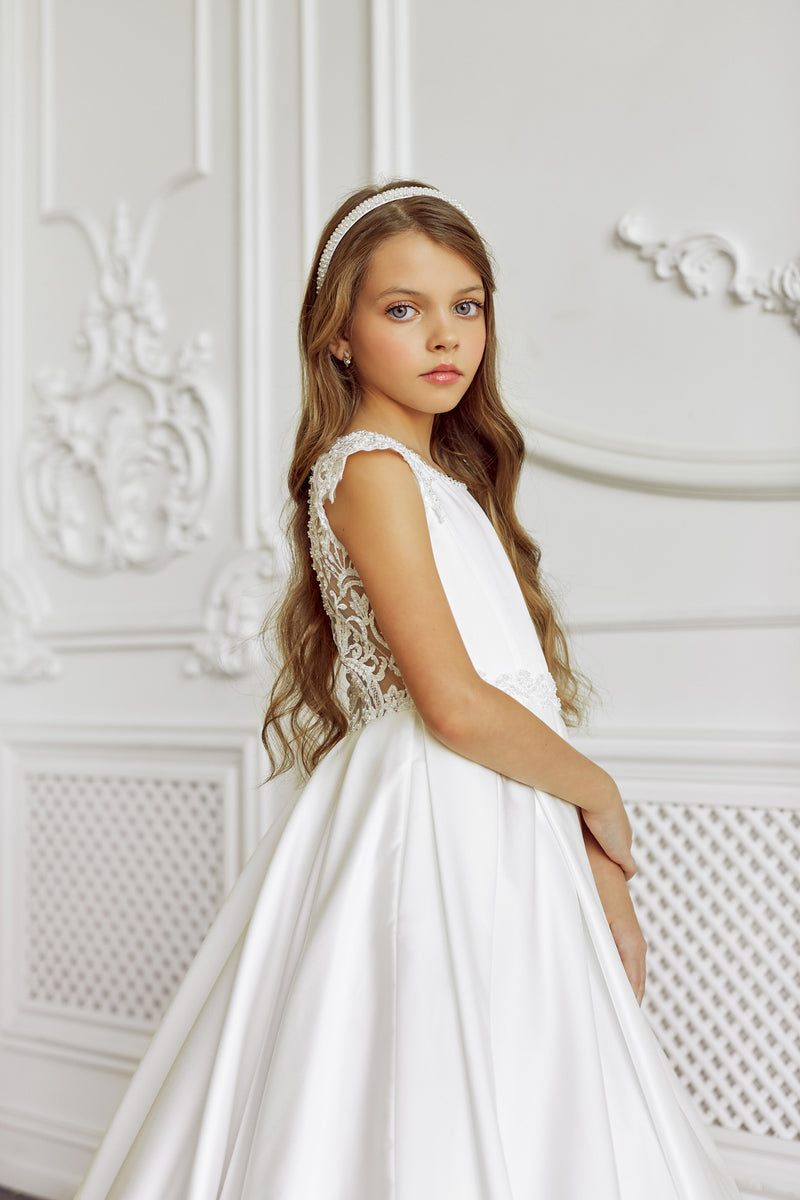 DOVER Holy First Communion Beaded Lace Back Classic Dress