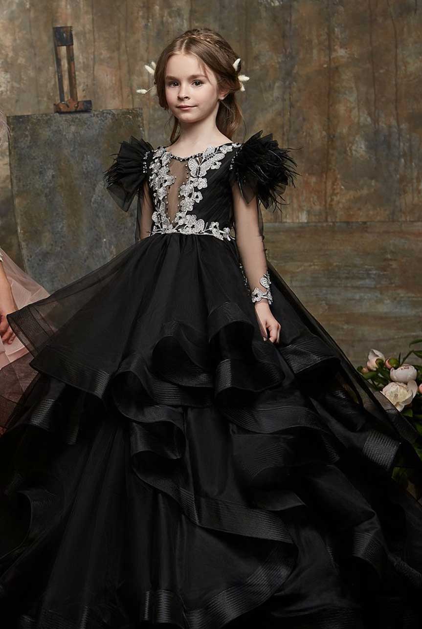 Pageant Dresses: Girls Black Asymmetrical Waterfall Ruffle Gown Dress - Mia Bambina Boutique