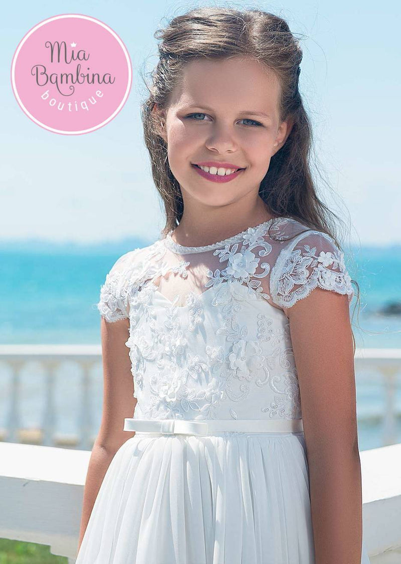 Girls First Communion Dress with Lace Shoulders - Mia Bambina Boutique
