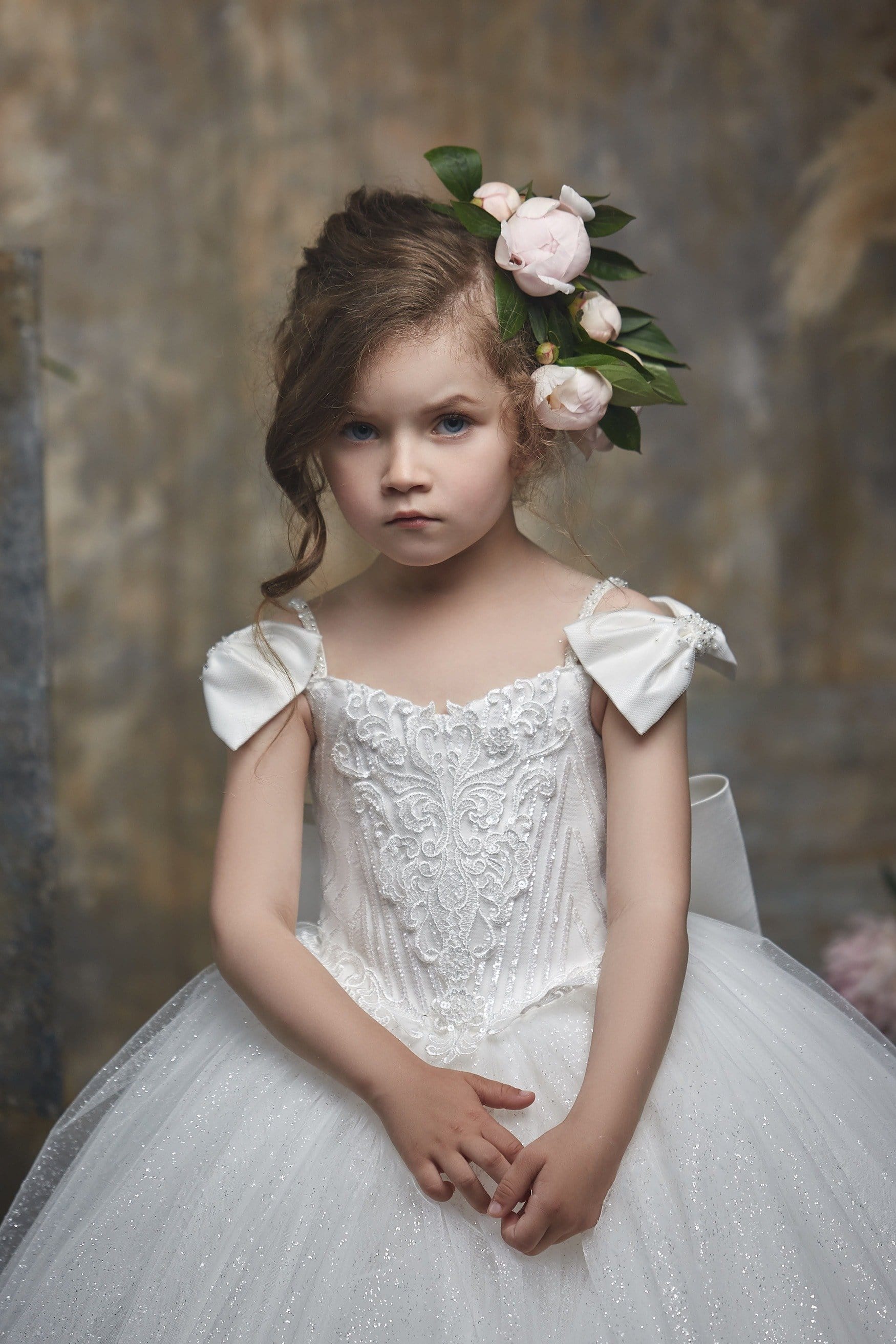 Girls Ivory Ball Gown Dress with Bow Shoulders - Mia Bambina Boutique