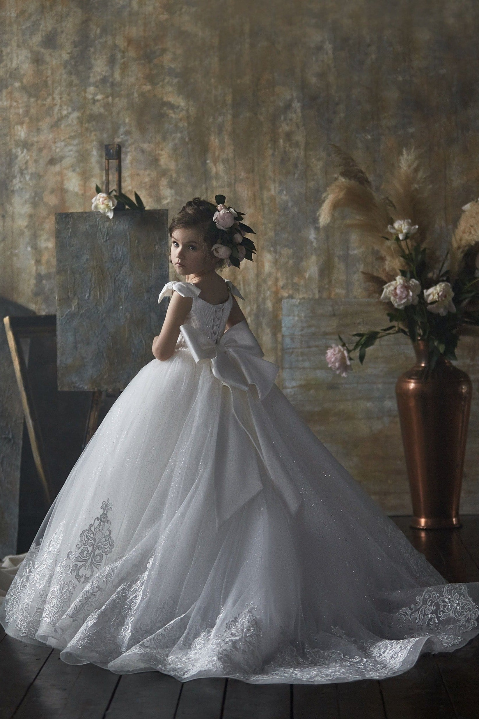 Girls Ivory Ball Gown Dress with Bow Shoulders - Mia Bambina Boutique