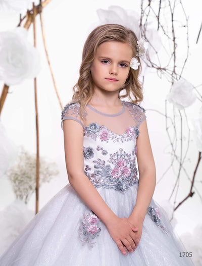 Grey and Silver wedding theme Flower Girl Dress 1705 - Mia Bambina Boutique